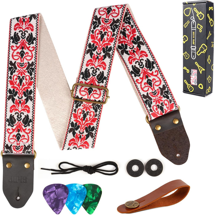 Гітарний ремінь Jacquard з вишитою бавовною та шкіряними кінцями для акустичної гітари (Gs-75-5, 5 метрів, червоний)