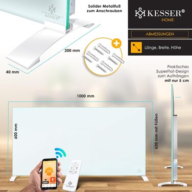 Інфрачервовий обігрівач KESSER®: скляний конвектор, енергозбереження, 2-в-1 (стійка/стіна), з датчиком відчинених вікон, пультом та керуванням через додаток, термостат, 600W, білий