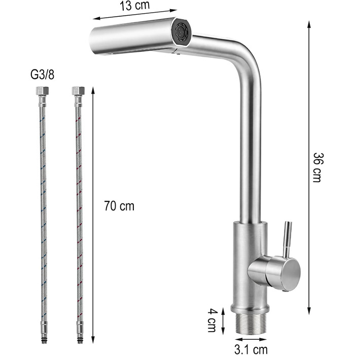 Кран кухонний висувний Cieex, 360° поворот, 4 режими, з душем, нержавіюча сталь, сріблястий