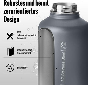 OneTigris Stainless Steel Water Bottle, 1.9L High Capacity, Insulated Sports Bottle for Cycling, Camping, Yoga, Gym, Softair, OD Green, 64oz (Gray)