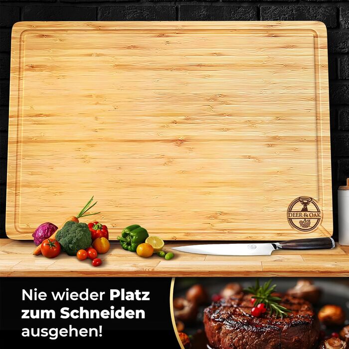 Дерев'яний обрізний стіл Deer & Oak XXXL 60x40x3.2 см - Преміум дерев'яний стіл для кухні, бамбуковий обрізний стіл 60 см, обрізні дошки для сервірування та нарізання - двосторонній, попередньо олійований, з жолобками для соку, бічні ручки