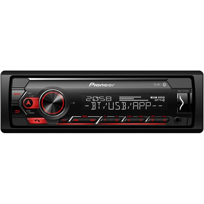 Автомагнітола Pioneer MVH-S420BT 1DIN, Bluetooth, USB, AUX, RDS, керування iPhone, мікрофон, чорна/червона, німецьке меню