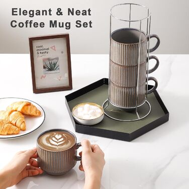 Набір кавових чашок Hasense з кераміки (4 шт.) з підставкою, 425 мл, великі ребристі чашки для лате, капучино, чай, гарячий шоколад, мийка в посудомийній машині, коричневі