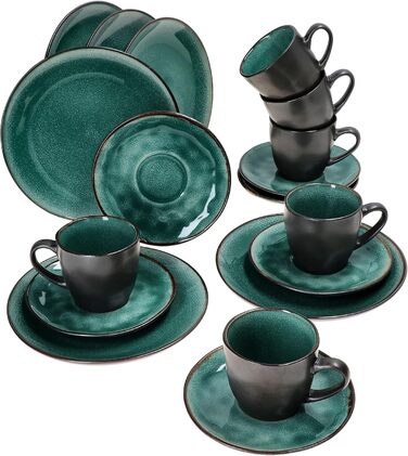Кавовий сервіс MamboCat Reactive Glaze Green 18 предметів на 6 осіб м'ятного кольору | Столовий посуд з каменної глини з мідним декором