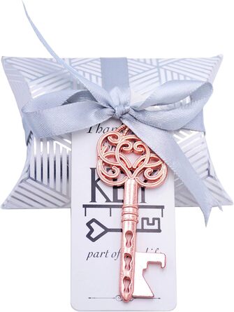 Makhry 50 Pcs Vintage Key Bottle Openers Wedding Key Skeleton Key Bottle Openers Wedding Favors Set with Pillow Boxes and Label (Rose Gold)