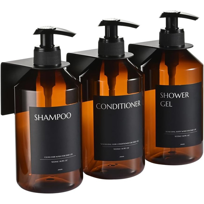 Набір з 3 сеппенсерів для кріплення на стіну, 500 мл, дозатори шампуню та гелю для душу, чорний колір, без свердління, для кухні та ванної кімнати (коричнева пляшка + чорна головка)