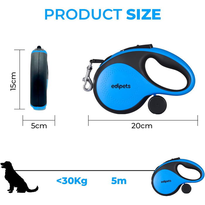 Edipets Висувна/Звичайна повідка для собак, 5 м, 8 м, гнучка, для тренувань та прогулянок, для малих, середніх та великих собак (Блакитний, 5 метрів)