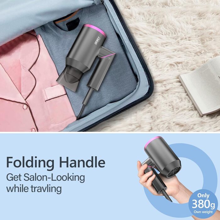 Складаний фен DEWILY Profi: потужний, тихий, для подорожей, 3 режими, 2 насадки (сірий)