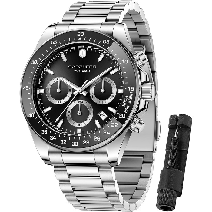 Годинник чоловічий BENYAR Chronograph з датою, кварцовий, водонепроникний, аналоговий, срібний браслет/чорний циферблат. Елегантний аксесуар для бізнесу та повсякденного стилю. Чудовий подарунок для чоловіків.