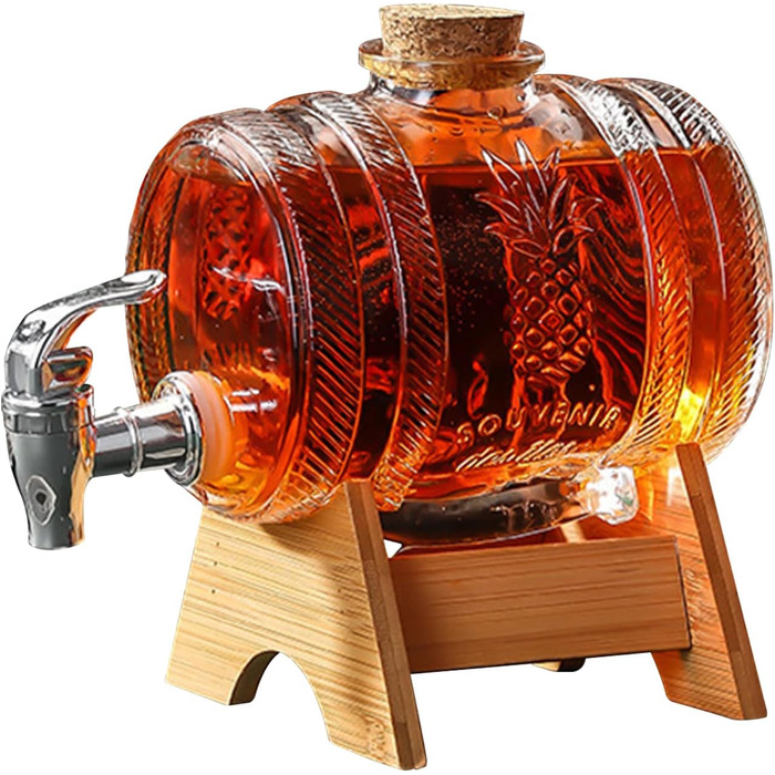 Barrel-shaped drink dispenser, 3L/5L glass water dispenser with stand, barrel decanter with tap, alcohol dispenser ideal for wine, whiskey, beer, juices, lemonade, gifts for friend, husband, father (3L, glass barrel)