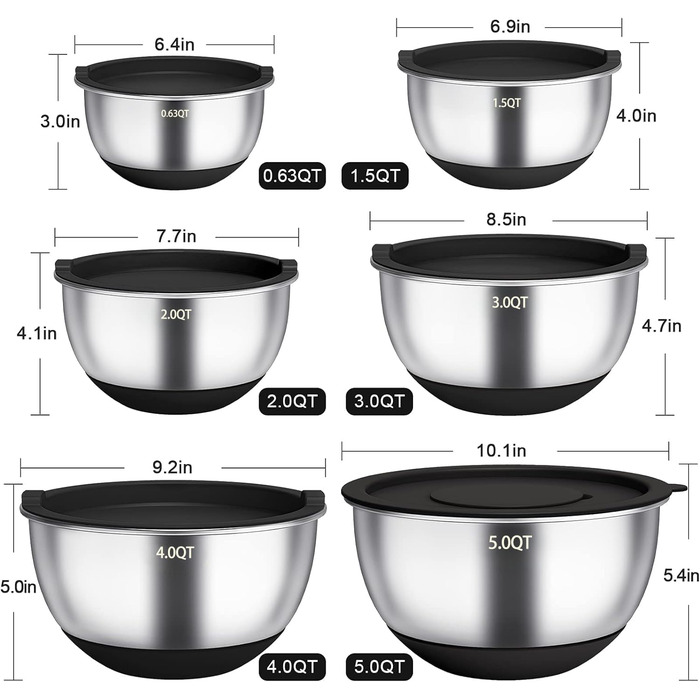Mixing Bowl Set of 6, Stainless Steel Bowl Salad Bowl Set with Lid & Silicone Bottom, 3 Grater Attachments, 4.7l/3.8l/2.8l/1.9l/1.4l/0.6l, Non-Slip & Stackable - Black