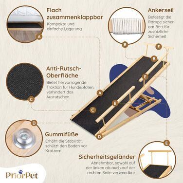 Сходинки для собак PRIORPET з берези з поручнями - регульована висота до 94.5 см - складаються - антиковзаюча поверхня - для маленьких собак до 23 кг - натуральне дерево