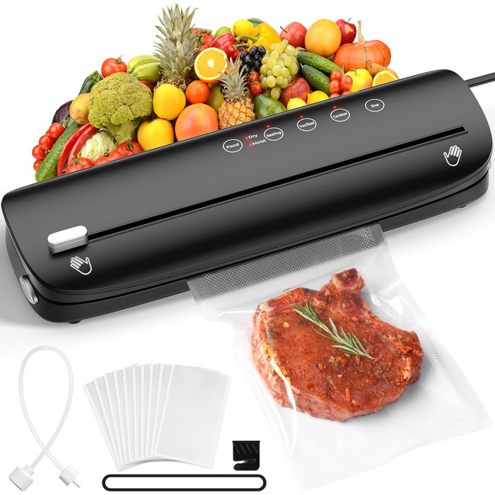 Вакуумний апарат 5 в 1: багатофункціональний вакууматор з вбудованим різаком, вакуумний пакувальник sous vide з 10 пакетами та шлангом, фольгозваріння для продуктів харчування