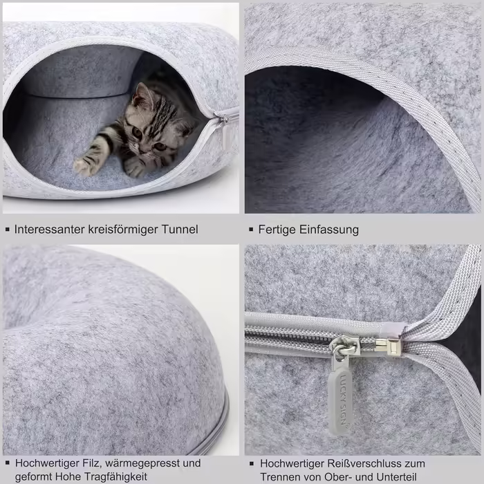 Lucky Sign - Cat Cave Felt Cat Tunnel Cat Bed Multifunctional Cat Sofa Cozy Cat Toy for Endless Fun Cat Basket Cat Cushion - (60x60x28cm, Light Grey)