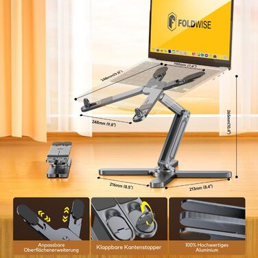 FoldWise X Laptop Stand for Desk – Aluminum, 360° Swivel, Foldable, Height & Angle Adjustable – Stable & Portable Laptop Riser, MacBook Stand & Computer Holder for 11-18 Inch
