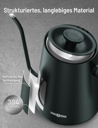 Paris Rhone Swan Neck Electric Kettle - 0.9L Temperature Control Kettle with Display, Knob, and 24-Hour Keep Warm Function - Dark Green