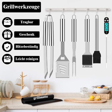 Grilliance 26-Piece Stainless Steel Grill Accessory Set - High-Quality BBQ Grill Utensil Case. Perfect Grill Tool Set for Men - Gift with Portable Storage Case and Meat Thermometer (Silver)