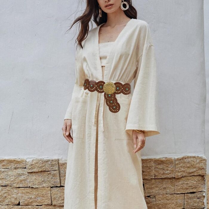 Жіночий ремінь TOFBS в стилі бохо, турецький, широкий, металевий, з круглою пряжкою, для джинсів та суконь, коричневий