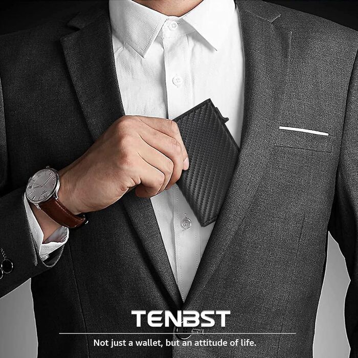 Чоловічий гаманець TENBST - картхолдер ультратонкий з RFID захистом, 10 відділень для карток, вікно для ID, преміум карбон, чорний