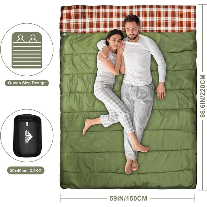 Cotton Flannel Double Sleeping Bag for Camping, Hiking - Queen Size 2 Person Waterproof Sleeping Bag for Adults & Teens - Lightweight (Green/Brown)
