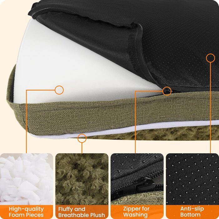 Ортопедичне ліжко для собак, килимок для собак з двошаровим дизайном, миється, знімний кошик для собак, 90 см для маленьких та середніх собак (89 x 59 x 10 см, оливковий)