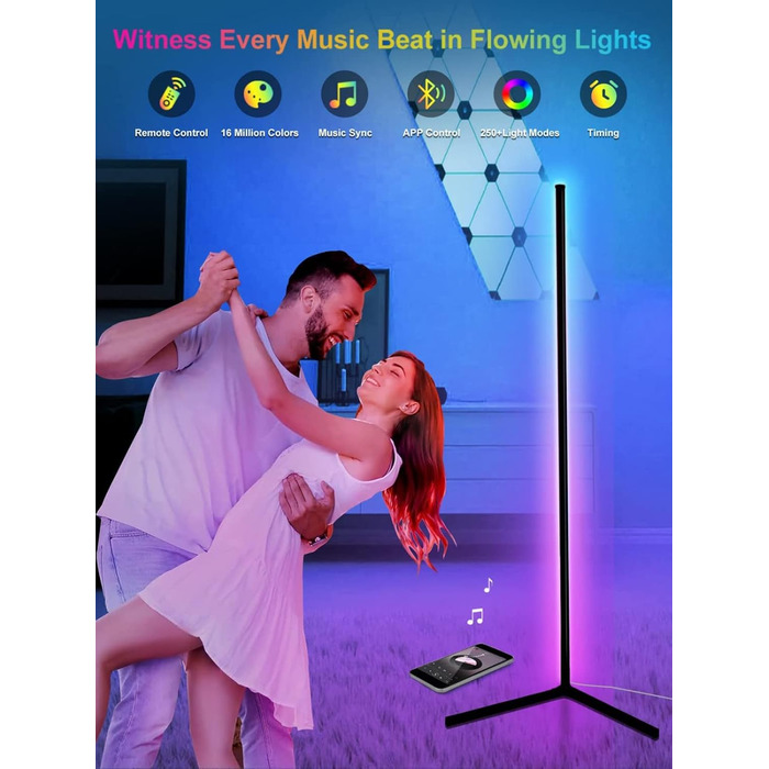 LED-підлогова лампа DeeprBling для вітальні, 165 см, кутова RGB, з регулюванням яскравості, пультом та додатком, 16 мільйонів кольорів, музичні режими, DIY-режим та таймер для спальні, ігрової кімнати, офісу, читального залу. Трикутна основа.