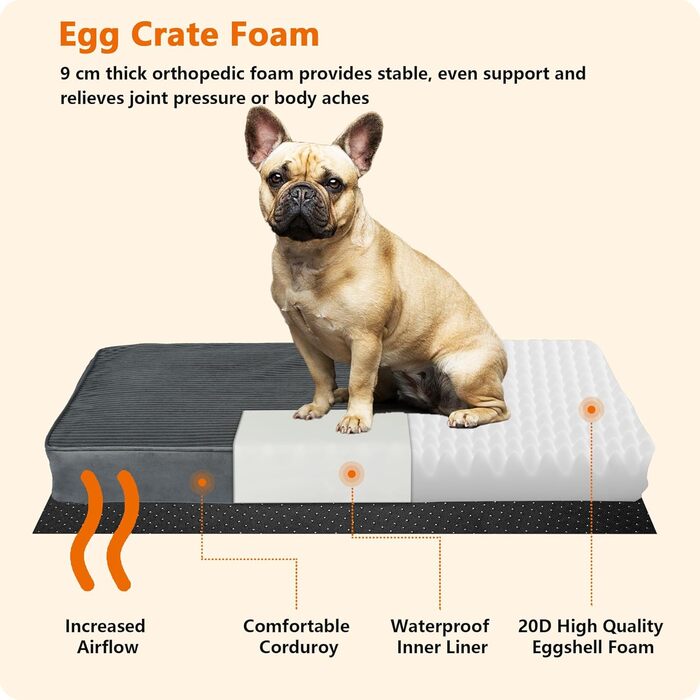 Ортопедичний лежак для собак HMTOPE, 9 см товщина, для середніх собак, знімний та пральний, з антиковзною основою, водонепроникне внутрішнє покриття, 91 см, темно-сірий