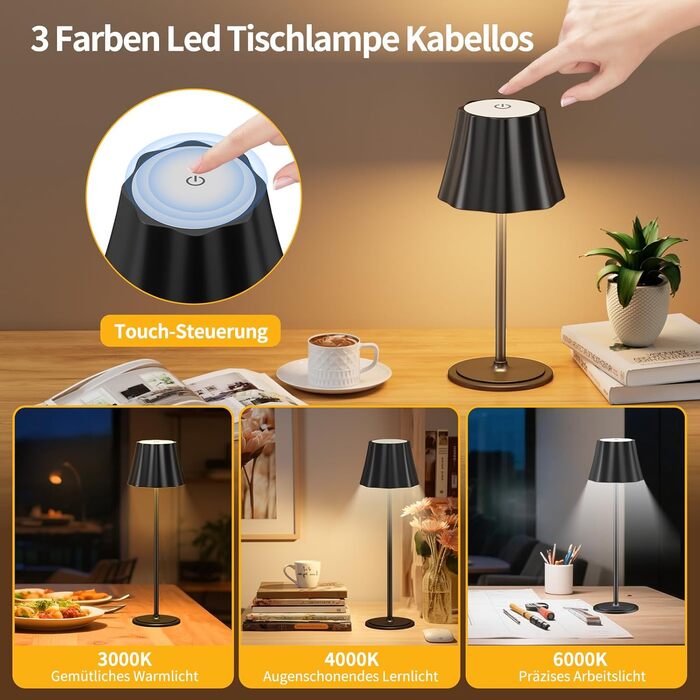 Бездротова LED-лампа Suright для столу з акумулятором 5000mAh, 3 режими кольору та регулюванням яскравості, IP54 вологозахист для вулиці, кемпінгу, тераси, вітальні, спальні