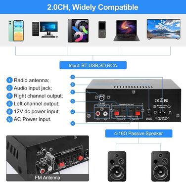 AK45 Pro HiFi підсилювач WOOPKER Mini, 500Вт, 2-канальний, Bluetooth, HiFi стерео з FM-радіо, USB, SD, RCA, MIC, аудіо ресивер для дому та авто