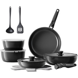 Набір посуду Redchef 16 предметів: каструлі та сковорідки з антипригарним покриттям, знімні ручки, для всіх типів плит, сумісний з духовкою, чорний