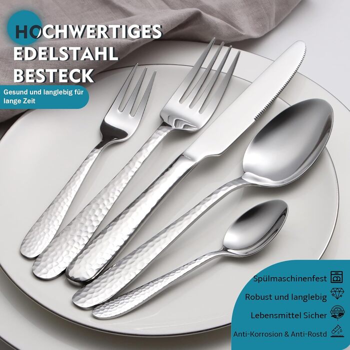Набір столових приборів EIUBUIE 30 предметів з нержавіючої сталі, молоткова текстура, для 6 осіб. Столові прибори з ножами, вилками та ложками, поліровані, для дому та вечірок, можна мити в посудомийній машині, сріблястий колір.