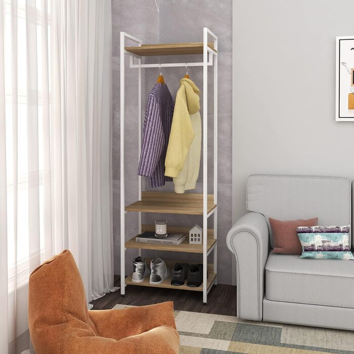 WOLTU Clothes Rack with Shelf, Open Wardrobe with Shoe Shelf, Coat Rack for Bedroom, Wood and Steel