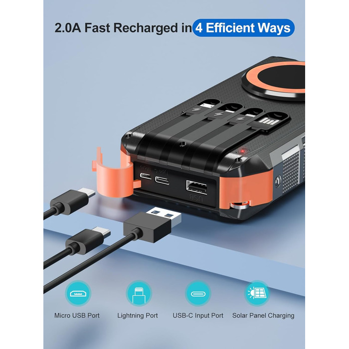 Сонячний Power Bank 26800mAh з 4 кабелями, 30W, Магнітний, USB-C, 7 портів, Ліхтар, для телефону, планшета, кемпінгу