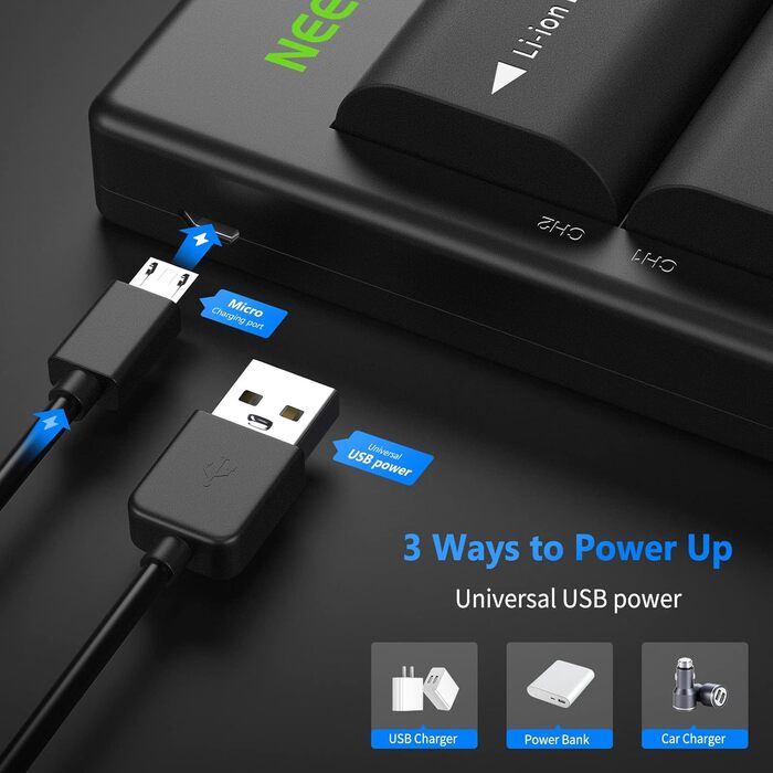 Запасний акумулятор Neewer LP-E6/LP-E6N для Canon (2 шт., 2000mAh) з зарядним пристроєм, сумісний з EOS 7D Mark II, 5D Mark IV та ін.
