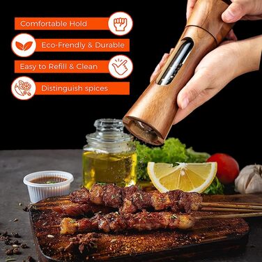 Auciej Salt and Pepper Grinder Wooden Set, Manual Pepper Grinder, Ceramic Grinding Mechanism, Spice Grinder, Salt Grinder with Coaster, Adjustable for Spices, Pepper, Salt, 2-Piece Set, 20 cm