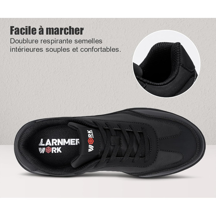 Чоловічі робочі черевики LARNMERN: неслизькі, дихаючі, з широким носком та сталевим підноском, чорні, розмір 42 EU