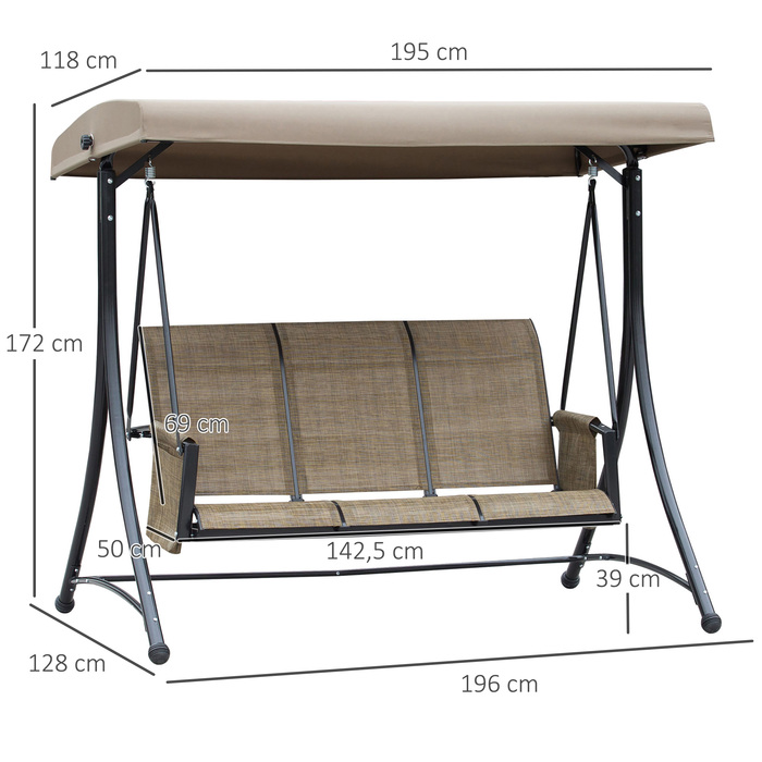 Outsunny Hollywood Swing with Side Pocket, 3-Seater Garden Swing with Adjustable Sunshade, Swing Bench Load Capacity up to 300kg, for Garden, Terrace, 196 x 128 x 172 cm, Brown | Aosom