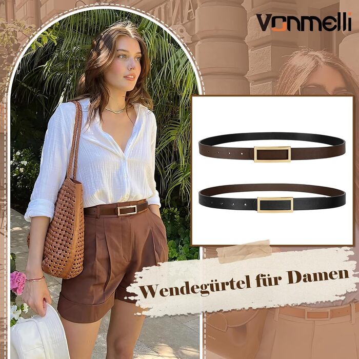 Жіночий шкіряний ремінь VONMELLI вузький з двосторонньою пряжкою, чорний/кавовий, розмір XL (130 см, талія 103-115 см) для суконь, джинсів, штанів