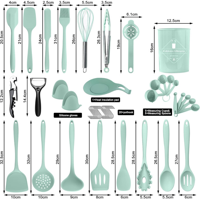 Набір кухонних аксесуарів TAVADA (51 шт.), силіконовий набір кухонного начиння, антипригарне кухонне приладдя, стійке до високих температур, зелений, придатний для миття в посудомийній машині