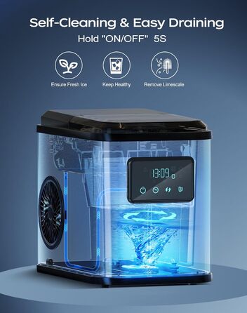 Машина для приготування льоду KeeGone з нержавіючої сталі з LED-дисплеєм, 2L бак, лопатка та кошик, 2 розміри кубиків льоду, для кухні, офісу, бару та вечірки
