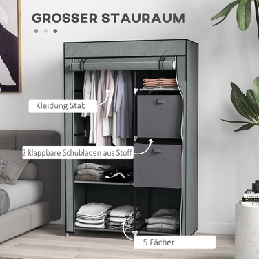 HOMCOM Fabric Wardrobe Folding Closet with Drawers and Clothes Rail Dark Grey with Zippered Non-Woven Fabric for Space-Saving Storage