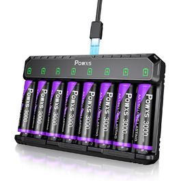 Акумулятори AA POWXS Lithium 1.5V 8 шт, 3000mAh, USB зарядка, 2000 циклів, сталевий корпус, для іграшок та камер Blink