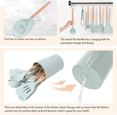 Набір кухонних аксесуарів Howephofly, 23 шт., силікон, антипригарне покриття, стійкий до нагріву, з тримачем та гачками для кухонних рушників (світло-зелений)