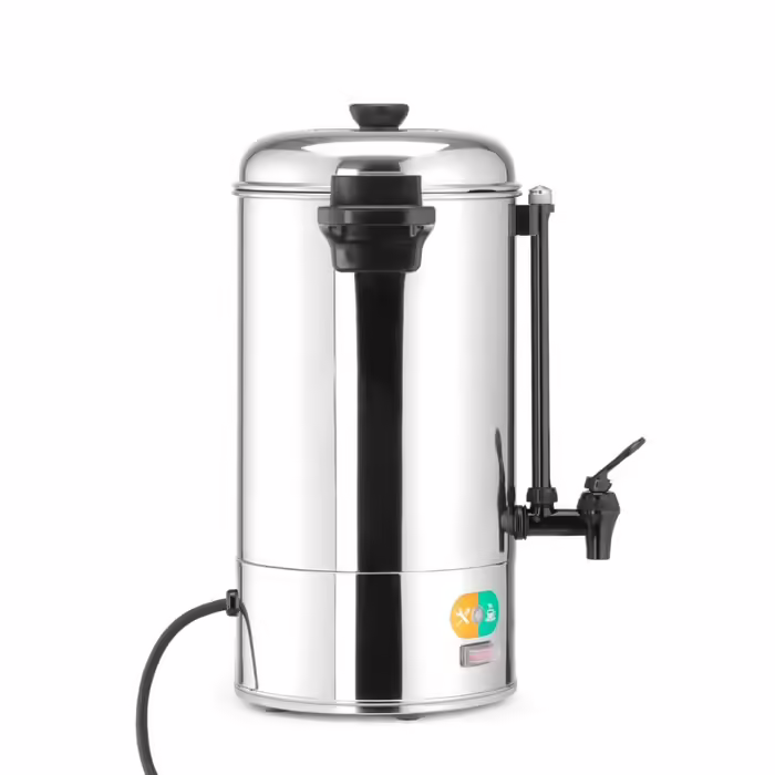 HENDI Hot Beverage Dispenser, Single-Walled, for Mulled Wine and Boiling Water (not for hot chocolate), Temperature continuously adjustable 94-99°C, Dry-boil protection, 9L, 230V, 2200W, 340x227x(H)468mm, Stainless Steel