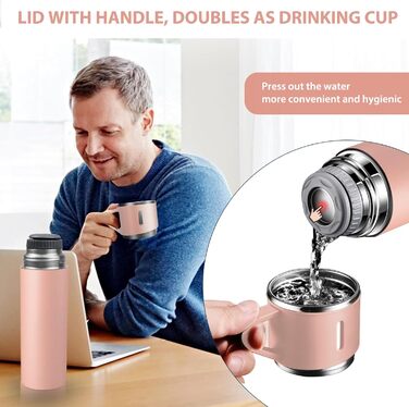 Stainless Steel Thermos Flask with Cup and Handle - 500ml Insulated Travel Mug, Leak-Proof, Double-Walled, Vacuum Insulated, Keeps Hot/Cold for 12 Hours - for Kids, Sports, Travel (Black, Pink)