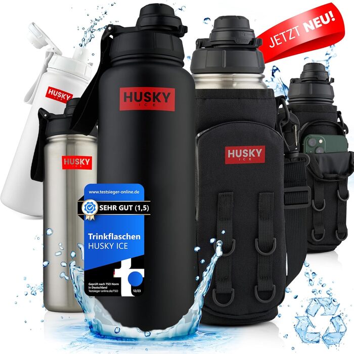 Stainless Steel Water Bottle with FREE Carrying Bag - 700ml - BPA-Free, Leakproof and Dishwasher Safe Thermo Insulated Bottle - Double-Walled Thermos Flask, Sports, Outdoor (Black Edition)