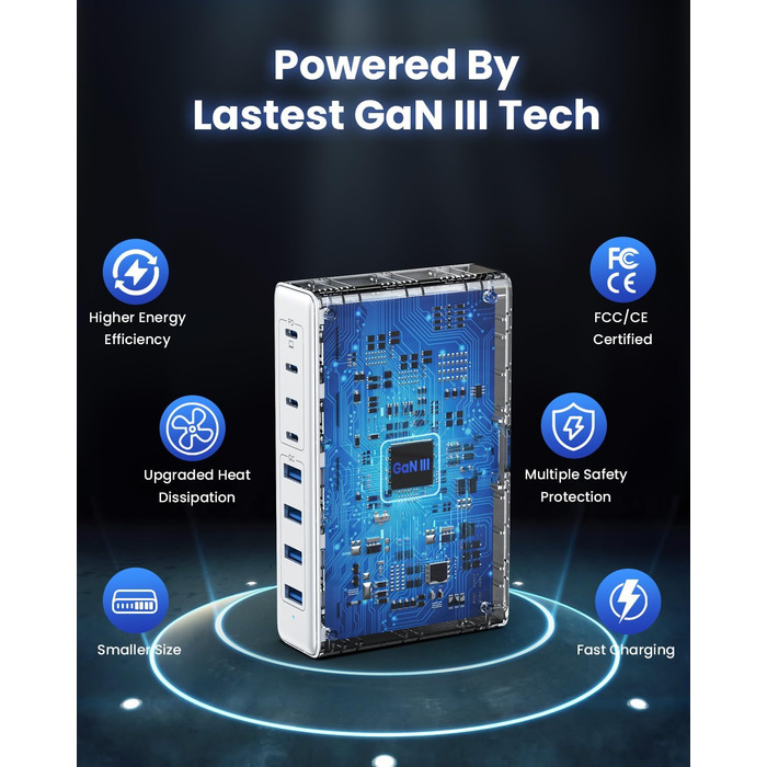 Мережевий адаптер USB-C 200W 8-в-1 GaN III з підтримкою QC4.0, PPS, PD 65W для MacBook Pro/Air, iPad, iPhone, Samsung, Steam Deck