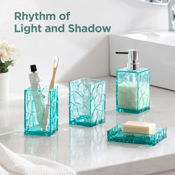 HBlife Bathroom Accessories Set, blue-green, Acrylic, Bathroom Countertop Set with Toothbrush Holder, Soap Dispenser, Cup, Soap Dish, turquoise, Boho, modern bathroom decor, ideal gift choice