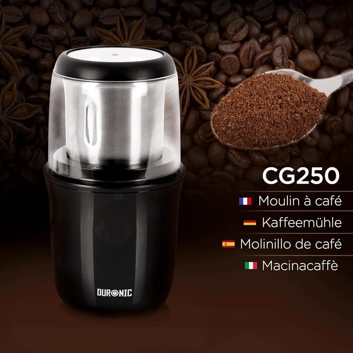 Електрична кавомолка Duronic CG250, 250 Вт, 75 г, для кавових зерен, спецій, трав, горіхів і зернових