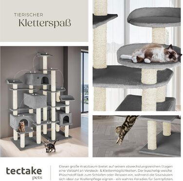 Дерево для котів tectake® велике, з аксесуарами, XXL, 4 будиночки для котів, ігровий комплекс з подряпальною колоною, з сизалю, сірий | 403920